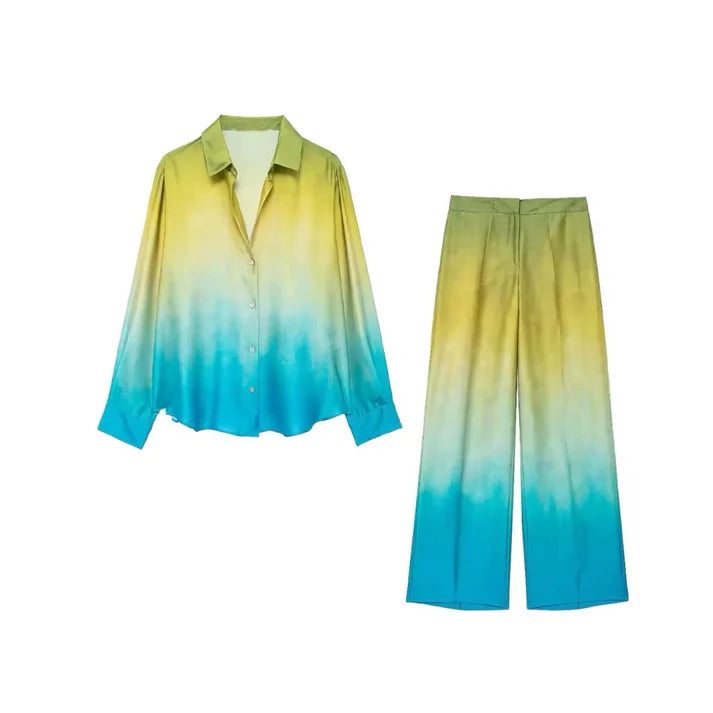 Sunset Breeze -Ombré Zweiteiler – Damen Set mit Hemd & Hose im Farbverlauf
