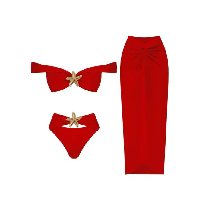StarBeach Bikini-Set – 3-teilig in Rot mit goldenen Seestern-Akzenten