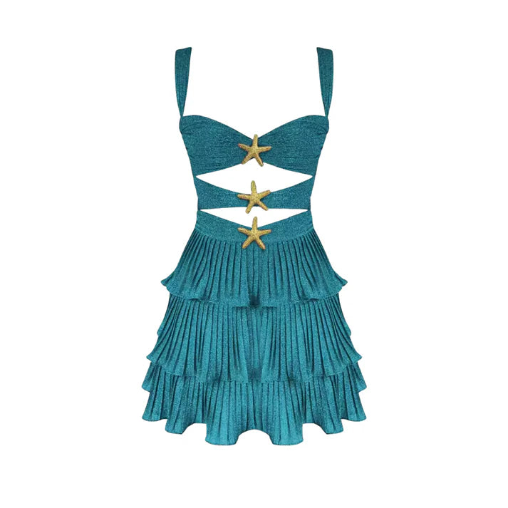 Starry Night Cutout-Minikleid – Plissiertes Partykleid mit Seestern-Details in Grün, Rot oder Schwarz