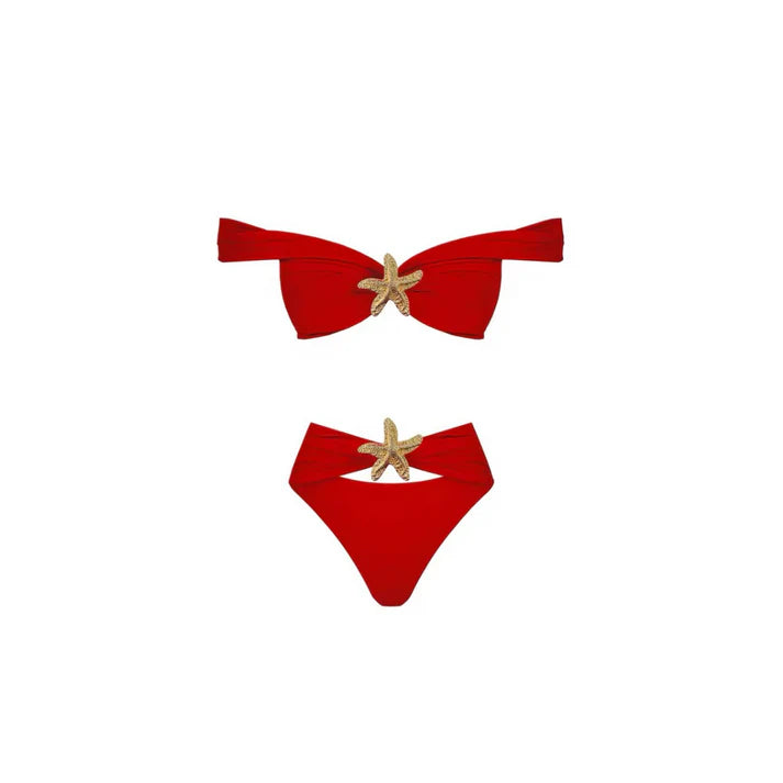 StarBeach Bikini-Set – 3-teilig in Rot mit goldenen Seestern-Akzenten
