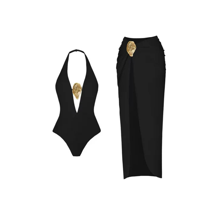 Oceana Chic Badeanzug-Set – 2-teilig mit Wickelrock in Schwarz oder Beige