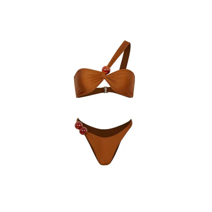 Terra Glow 3-teiliges Bikini-Set mit Rock – Braun mit dekorativen Perlendetails