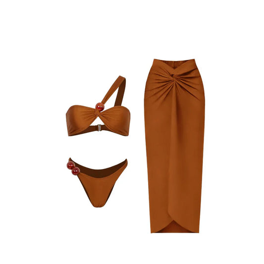 Terra Glow 3-teiliges Bikini-Set mit Rock – Braun mit dekorativen Perlendetails