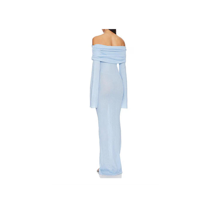 Sky Veil Off-Shoulder Maxikleid – Hellblaues Chiffonkleid mit Drapierung