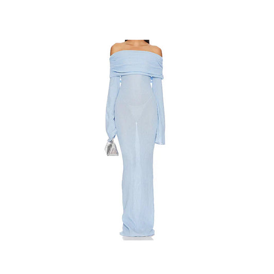 Sky Veil Off-Shoulder Maxikleid – Hellblaues Chiffonkleid mit Drapierung