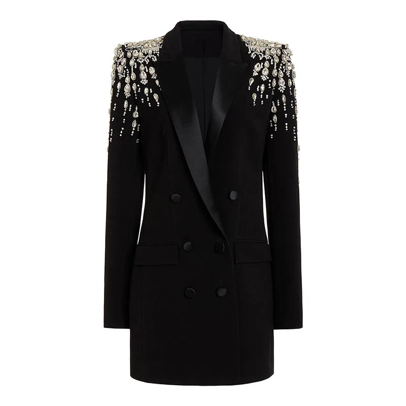 Elena Luxury Blazer Dress – Elegantes Langblazer Kleid mit Strasssteinen