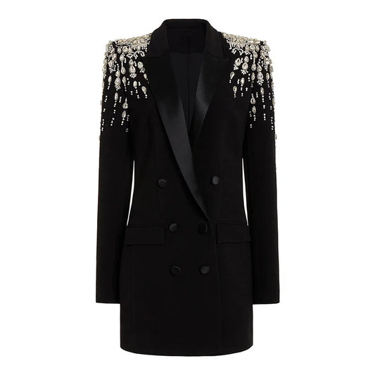 Elena Luxury Blazer Dress – Elegantes Langblazer Kleid mit Strasssteinen