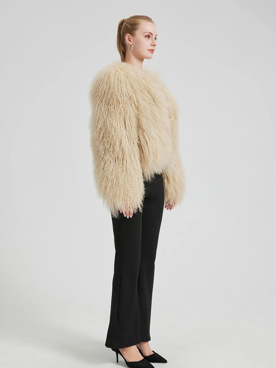 Mery - Luxuriöse Mongolische Lammfell Kurzjacke – Voluminöse Echtfell Damenjacke
