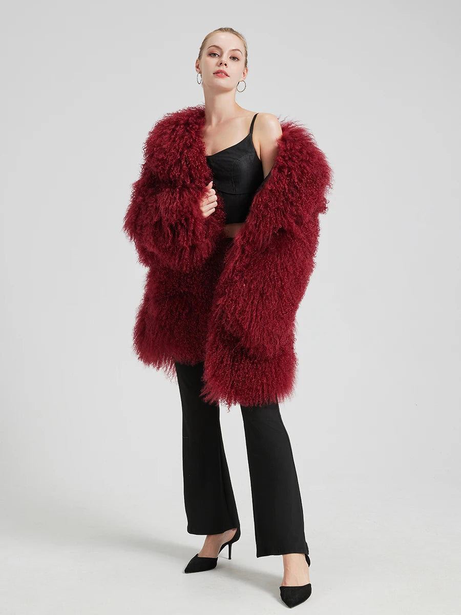 Evelyn Mongolian Lamb Fur Coat – Langer Mantel aus echtem Mongolischem Lammfell