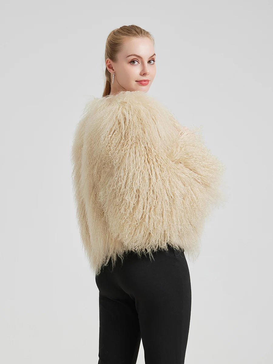 Mery - Luxuriöse Mongolische Lammfell Kurzjacke – Voluminöse Echtfell Damenjacke