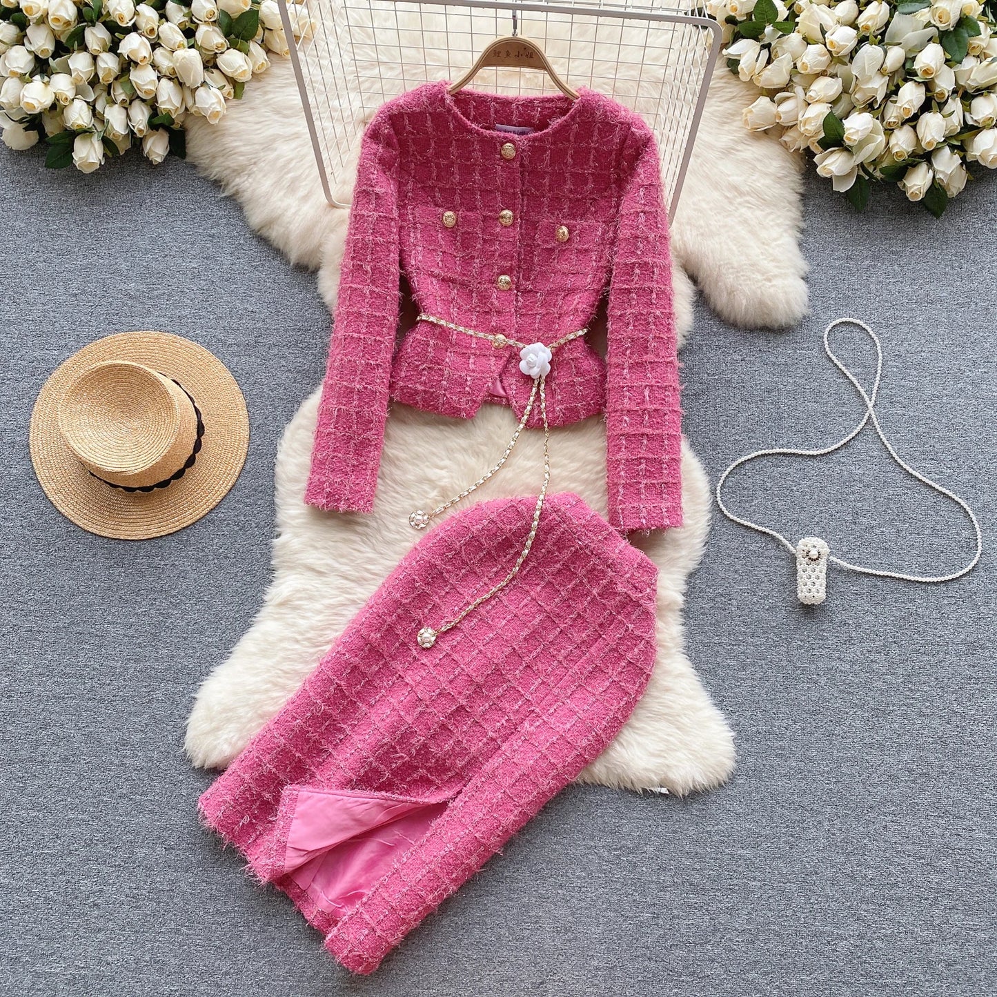 Ariana Tweed Set – Elegantes Zweiteiler Outfit aus Jacke und Rock in Wolloptik