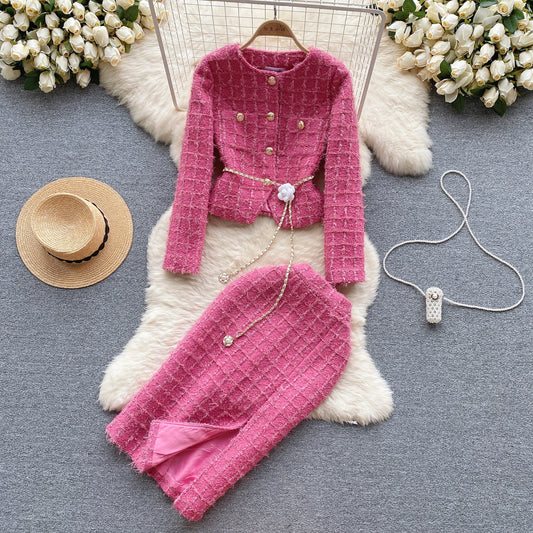 Ariana Tweed Set – Elegantes Zweiteiler Outfit aus Jacke und Rock in Wolloptik