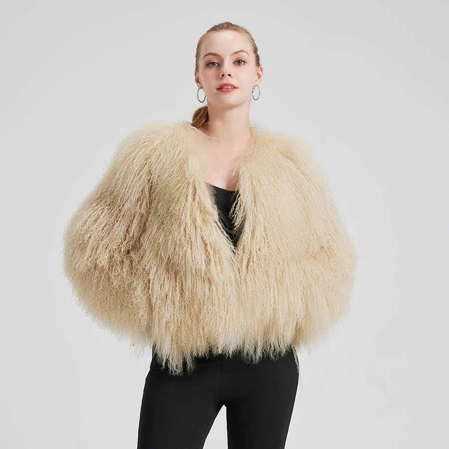 Mery - Luxuriöse Mongolische Lammfell Kurzjacke – Voluminöse Echtfell Damenjacke
