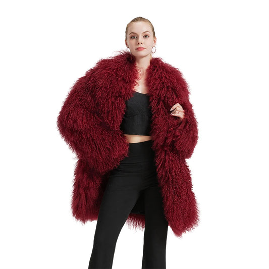 Evelyn Mongolian Lamb Fur Coat – Langer Mantel aus echtem Mongolischem Lammfell
