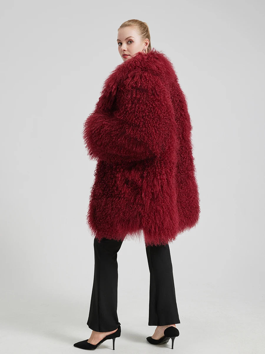 Evelyn Mongolian Lamb Fur Coat – Langer Mantel aus echtem Mongolischem Lammfell
