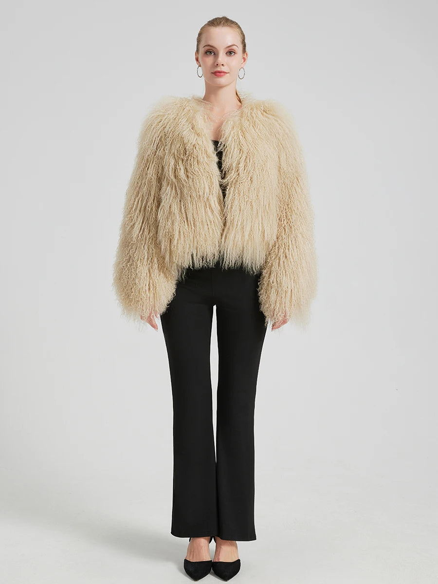 Mery - Luxuriöse Mongolische Lammfell Kurzjacke – Voluminöse Echtfell Damenjacke