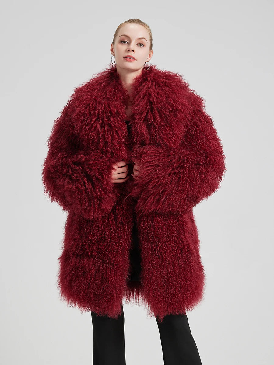 Evelyn Mongolian Lamb Fur Coat – Langer Mantel aus echtem Mongolischem Lammfell