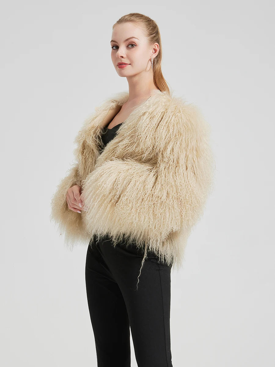 Mery - Luxuriöse Mongolische Lammfell Kurzjacke – Voluminöse Echtfell Damenjacke